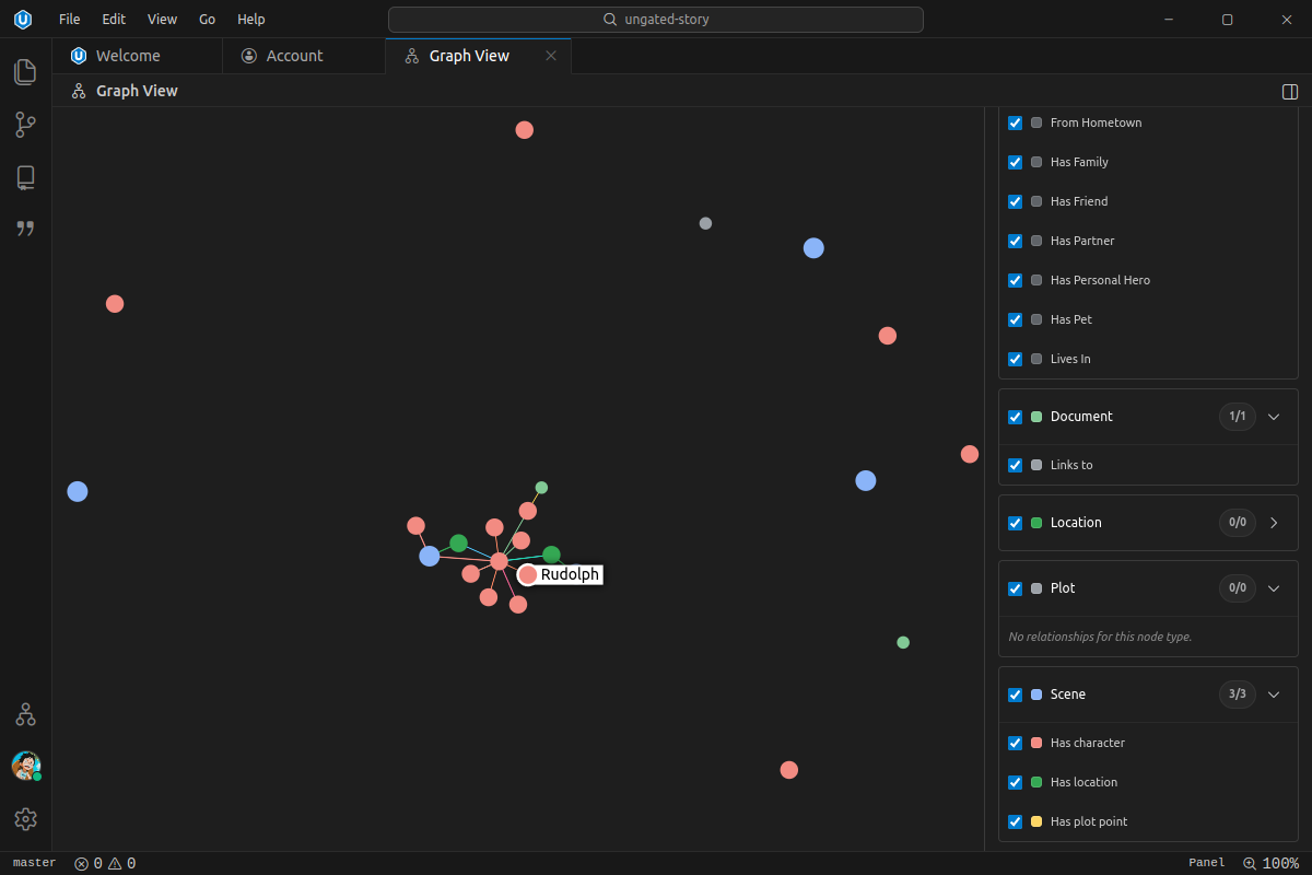 Screenshot of Ungated's knowledge graph interface showing interconnected nodes representing characters, locations, and plot points